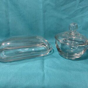 Vintage Anchor Hocking Presence glass clear butter dish & sugar bowl w/ knob lid